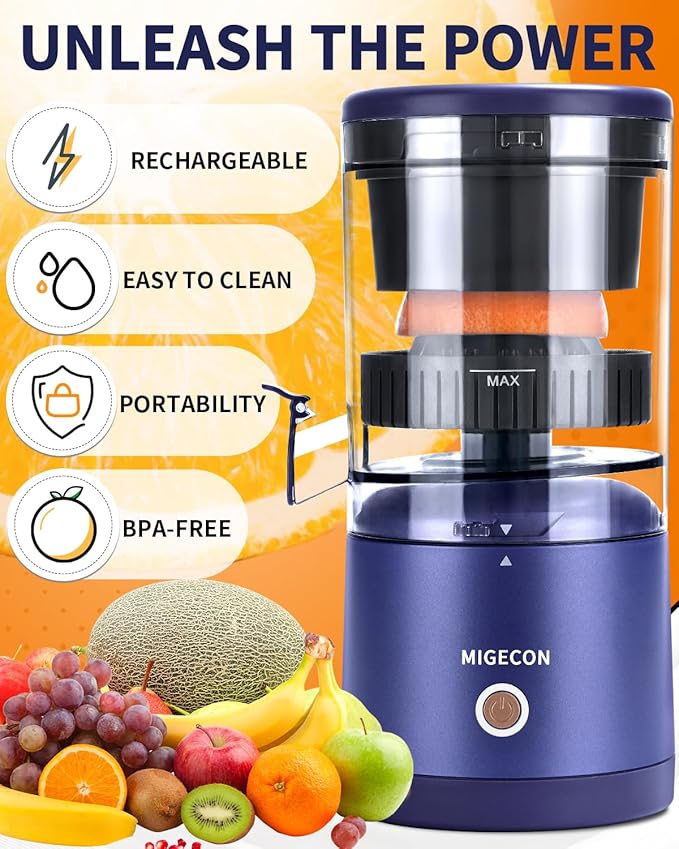MIGECON Electric Citrus Juicer Machine, Orange Juicer with USB and Cleaning Brush, Portable Electric Juicer, Easy to Clean, for Lemons, Limes, and Grapefruit, Dark Blue