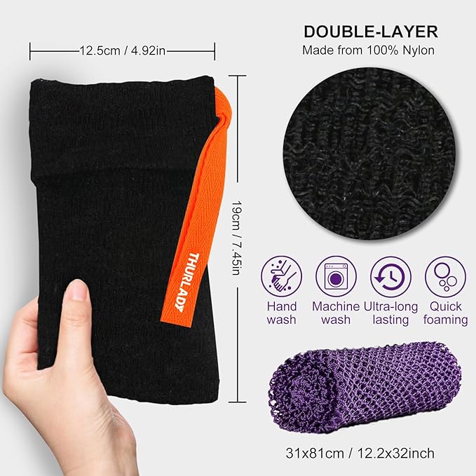 2 Pack Soap Saver Bags for Soap Bars, Exfoliating Bar Soap Scrubber Pouch for Shower, Exfoliating Body Scrubber, Come with 1 African Net Sponge for Full-Body Gentle Cleansing, Black & Gray