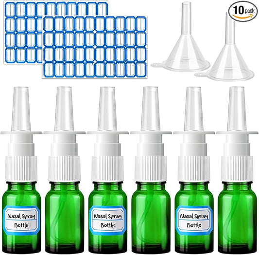 10 Pcs Nasal Spray Bottle, 10ML/0.35OZ Empty Glass Green Nasal Nose Spray Bottles Refillable with 2 Funnels and 2 Labels