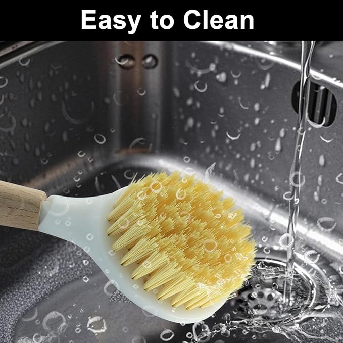 Jiozermi 3 Pcs Kitchen Dish Brush with Bamboo Handle, Dish Scrubber Brush Built-in Scraper, Pot Scrubbers for Cleaning, Dishwashing, Dishes, Pans, Kitchen Sink and Counter