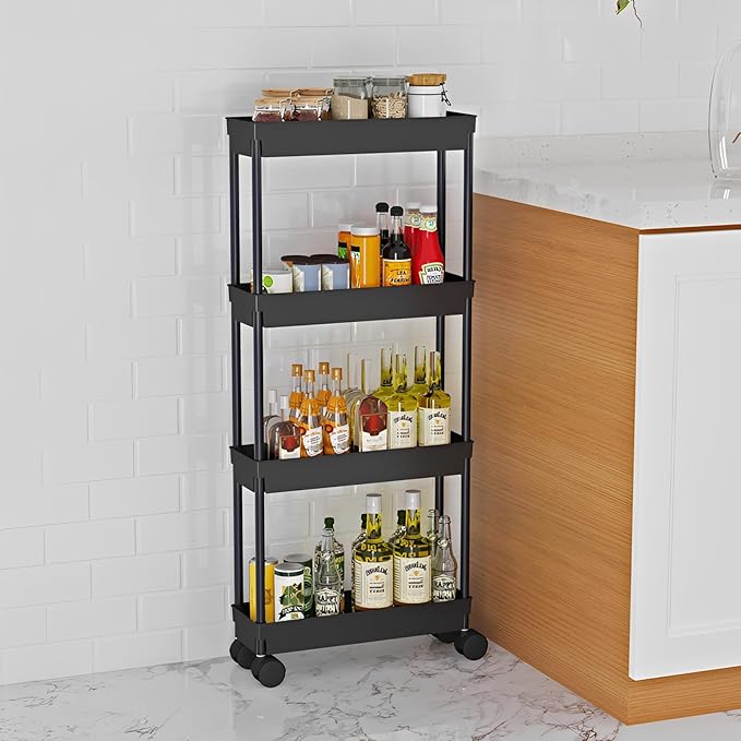 Sooyee 4 Tier Slim Storage Cart,Rolling Storage Cart,Narrow Shelf,Bathroom Rack,Mobile Shelving Unit Organizer for Kitchen, Bathroom, Laundry Room, Black