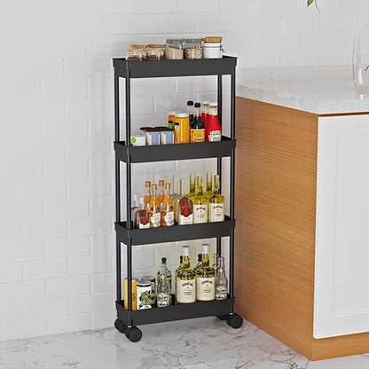 Sooyee 4 Tier Slim Storage Cart,Rolling Storage Cart,Narrow Shelf,Bathroom Rack,Mobile Shelving Unit Organizer for Kitchen, Bathroom, Laundry Room, Black