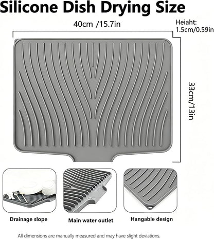 Silicone Dish Drying Mat,Dish Drying Pad,Kitchen Accessories,with Built-In and Non-Slip Drain,Easy Clean, Fit for Kitchen, Bar, RV, Refrigerator and Drawer Liner, 15.7 * 13 in Grey 1PCS by EBIGIC