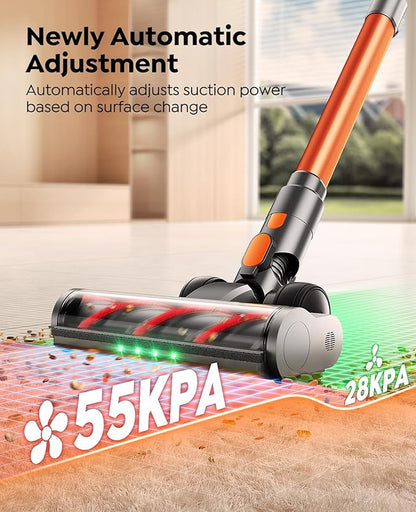 Fieety Cordless Vacuum Cleaner, 650W/55KPa/70Min Runtime Stick Vacuum with 3.3Ft Hose, Wall Mount Charging, Auto Mode, Touchscreen, Self-Standing Vacuum Cleaner for Home/Pet Hair/Carpet/Car, Fragrance