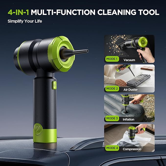 Handheld Car Vacuum Cleaner, 4-in-1 Cordless Rechargeable Mini Vacuum with Air Duster – Quickly Clean Crumbs, Pet Hair & Crevices in Car, Office, Home. Ideal for Commuters & Office Workers (Green)