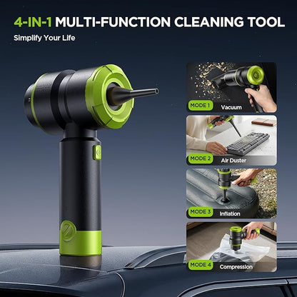 Handheld Car Vacuum Cleaner, 4-in-1 Cordless Rechargeable Mini Vacuum with Air Duster – Quickly Clean Crumbs, Pet Hair & Crevices in Car, Office, Home. Ideal for Commuters & Office Workers (Green)