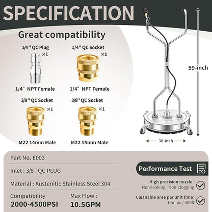 LidoDola 30'' Pressure Washer Surface Cleaner with 4 Wheels - Stainless Steel Surface Cleaner for Pressure Washer Attachment for Concrete, Driveway, Patio, Sidewalk, Deck and Driveways