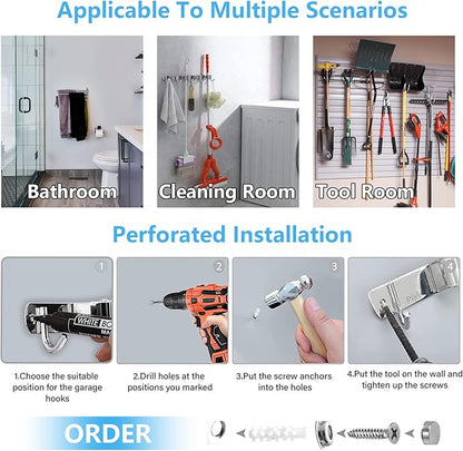 Broom Mop Holder Wall Mount Broom Hanger Wall Mounted Metal Organization Garage Storage Garden Kitchen Tool Organizer With 4 Racks and 5 Hooks (Silver, 1 Pack 4R5H)