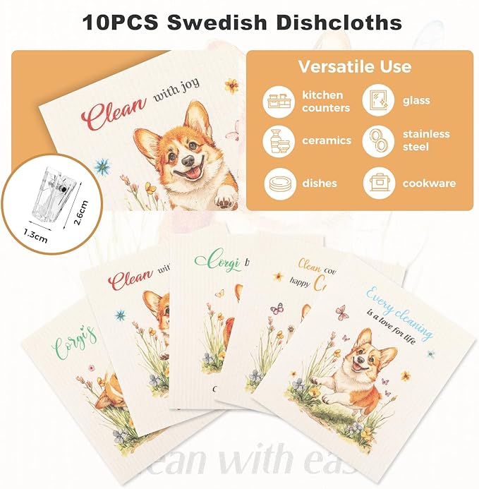 wlich 10PCS Swedish Dishcloths for Kitchen, Reusable Dish Rags for Washing Dishes with Clips, Non-Scratch Kitchen Towels and Dishcloths Sets, Washable Swedish Dish Cloths, No Odor(Dog)