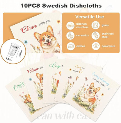 wlich 10PCS Swedish Dishcloths for Kitchen, Reusable Dish Rags for Washing Dishes with Clips, Non-Scratch Kitchen Towels and Dishcloths Sets, Washable Swedish Dish Cloths, No Odor(Dog)