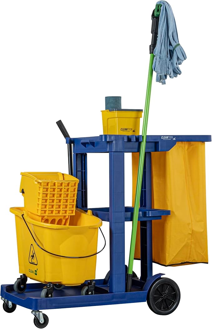 Restaurantware-Clean Tek Professional Janitor Cart with Wheels, 1 Cleaning Trolley with 18 Gallon Bag - 3 Shelves, Heavy-Duty, Blue Plastic Commercial Janitorial Cart, for Restaurants