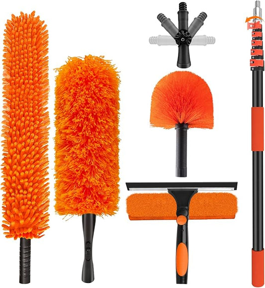30FT High Reach Duster Cleaning Kit with 24FT Pole | 4-in-1 Tool Set with Universal Swivel Joint | High Ceiling Fan Cleaner, Microfiber Duster & Window Squeegee for Safe High-Reach Cleaning