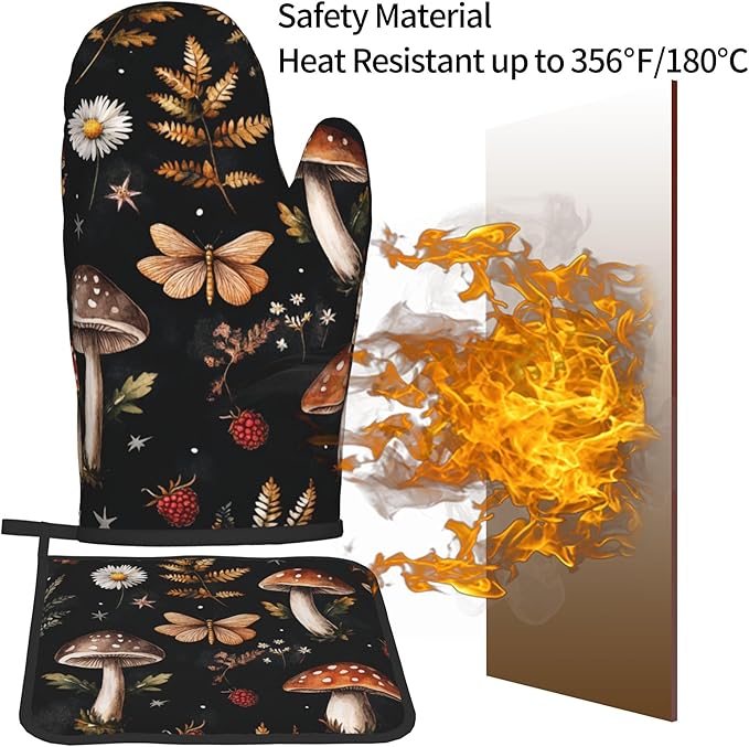 Mushroom Oven Mitts Set – Vintage Pot Holders Kitchen Gloves for Women Farmhouse Kitchen Mitts Floral Herb Potholders Set of 2 Durable for Cooking Baking