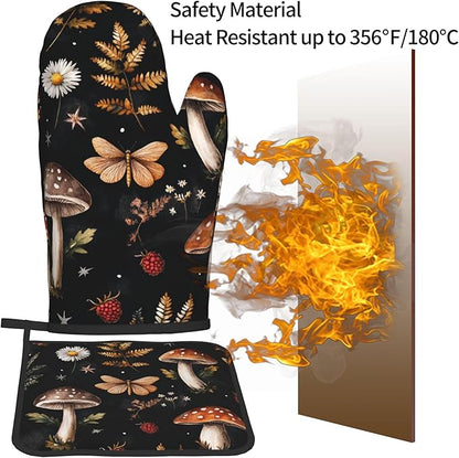Mushroom Oven Mitts Set – Vintage Pot Holders Kitchen Gloves for Women Farmhouse Kitchen Mitts Floral Herb Potholders Set of 2 Durable for Cooking Baking