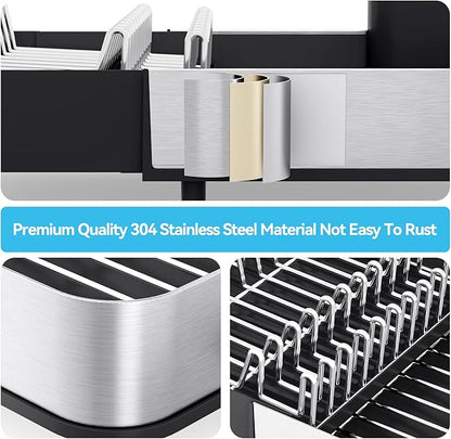 Urackify Dish Drying Rack - Dish Drainer for Kitchen Counter, Stainless Steel Dish Rack with Swivel Draining Spout & Drain Board, Expandable Space-Saving Kitchen Dish Organizer for 3-4 People, Black