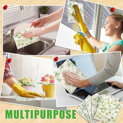 Swedish Dishcloths for Kitchen | 6 Pack Floral Reusable Paper Towels Washable | Swedish Dish Towels | Non-Scratch Cellulose Sponge Cloths | No Odor, Biodegradable Cleaning Cloths, Green Leaves