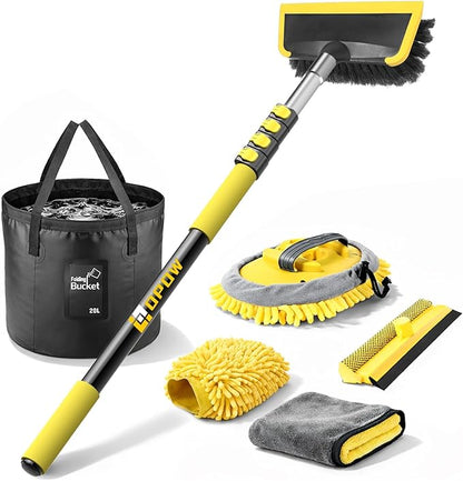 144" Car Wash Kit with Telescoping Pole, 20L Collapsible Bucket, Chenille Microfiber Mop, Bristle Brush, 2-in-1 Sponge & Window Squeegee, Towel & Waterproof Glove for RV Truck SUV Boat