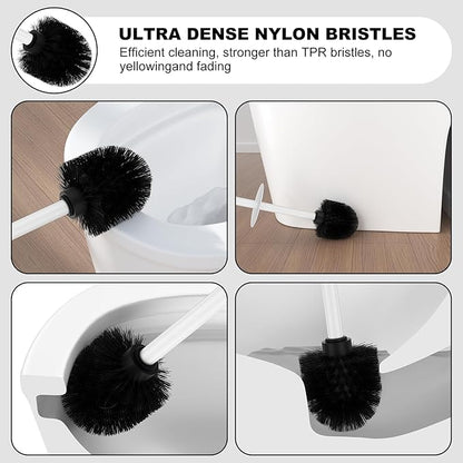 White Toilet Brush and Holder Set，Stainless Steel Heavy Duty Toilet Bowl Brush，Extra Long Handled Modern Toilet Cleaner Brush with Replaceable Head, Removable Inner Bowl, and Splash Protection
