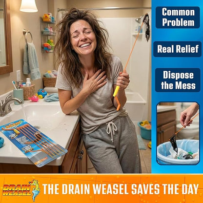 FlexiSnake Drain Weasel Sink Snake Hair Clog Remover Tool Kit, Sink, Pipe, Bathroom, Bathtub Drain Cleaner, 18-inch Long, Flexible, Made in The USA, 3 Pack Wand Refills and Removable Handle