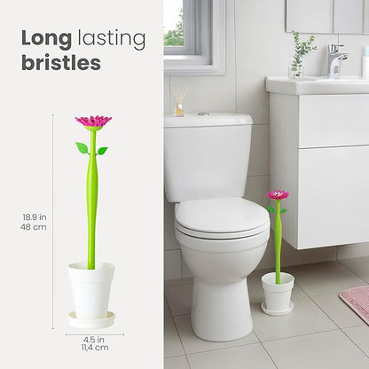 Vigar Flower Power Toilet Brush with Holder Set Toilet Brush with Daisy-shaped Handle, Flowerpot Base with Saucer Durable Bristles for Bathroom, White
