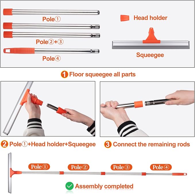 ITTAR Floor Squeegee with 60" Stainless Steel Handle, 17.2" Silicone Blade Floor Scrubber for Bathroom, Shower, Garage, Tile, Window and Water Removal