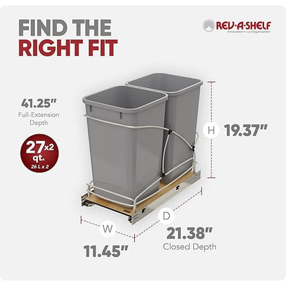 Rev-A-Shelf 27 Qt / 6.75 Gal Steel Bottom Mount Double Pullout Waste Container w/Soft-Close for Base Kitchen Cabinets, Min Opening Width of 11.5", Gray, 54WC-1527SC-17-1