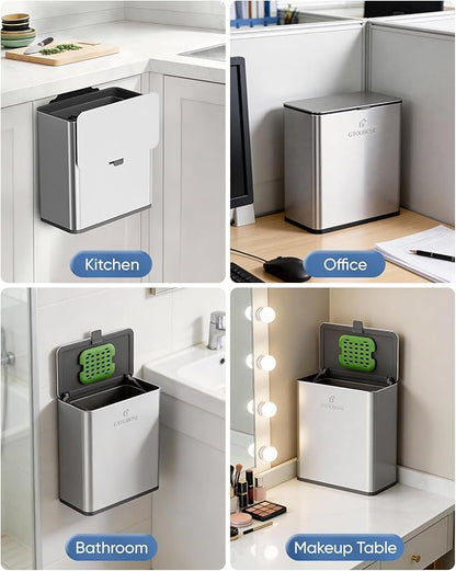 Kitchen Compost Bin, 10L/2.6G Trash Can with Lid, Slim Stainless Steel Hanging Garbage Bin for Kitchen, Bathroom, Bedroom, Office, Wall Mounted Compost Bin with Inner Bucket, Silver