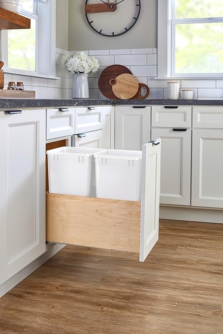Rev-A-Shelf Double White 27 Qt. Maple Value Line Pullout Waste Container w/Soft-Close for 15" Base Cabinets