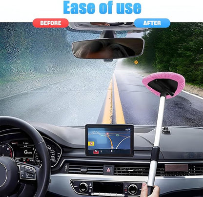 Windshield Cleaning Tool, Car Window Cleaner with Extendable Long Handle and 4 Washable Reusable Microfiber Pads, Auto Interior Exterior Glass Wiper Cleaning Kit Universal for Office and Home (Pink)