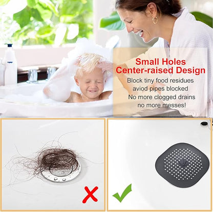 Hair Drain Catcher,Square Drain Cover for Shower Silicone Hair Stopper with Suction Cup,Easy to Install Suit for Bathroom,Bathtub,Kitchen 2 Pack (Black)