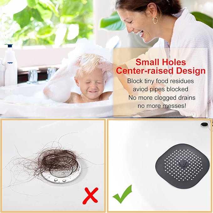 Hair Drain Catcher,Square Drain Cover for Shower Silicone Hair Stopper with Suction Cup,Easy to Install Suit for Bathroom,Bathtub,Kitchen 2 Pack (Sliver Grey Black)