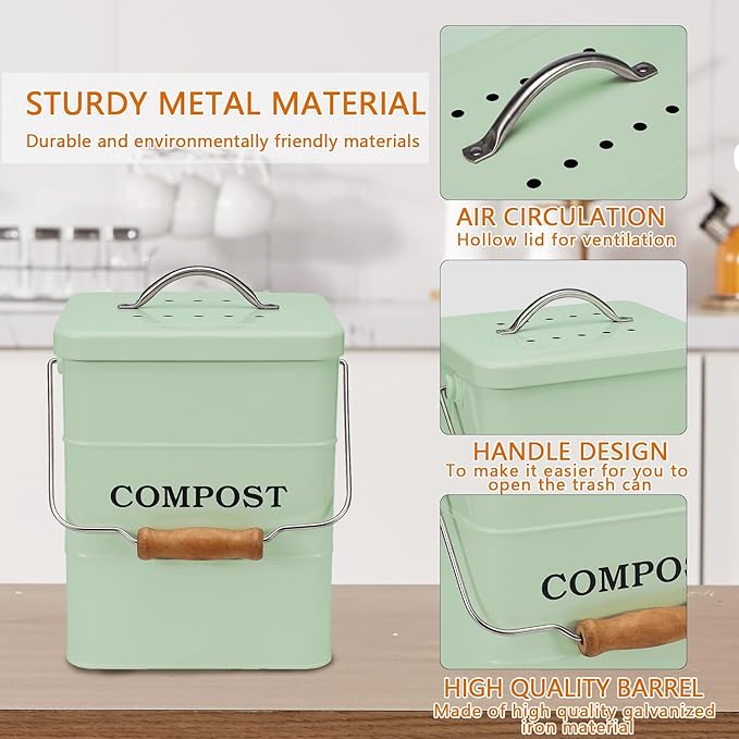 Stainless Steel Compost Bin for Kitchen Countertop Compost Bin,1 Gallon, Kitchen Trash Can -Includes Charcoal Filter,Compost with Lid-Green