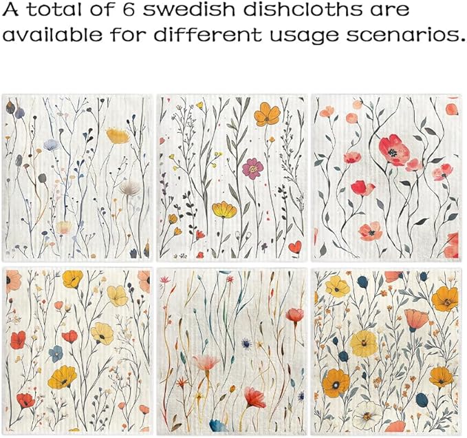 Swedish Dishcloths for Kitchen – 6 Pack Cellulose Reusable Cleaning Paper Towels – Soft, Quick-Drying, Washable Dish Rags for Kitchen, Counters & More (Wildflowers)