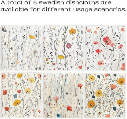 Swedish Dishcloths for Kitchen – 6 Pack Cellulose Reusable Cleaning Paper Towels – Soft, Quick-Drying, Washable Dish Rags for Kitchen, Counters & More (Wildflowers)