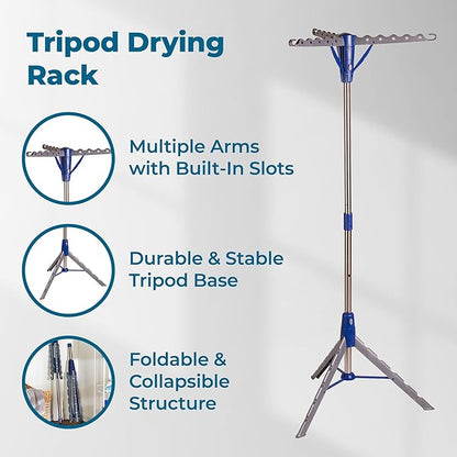 Honey-Can-Do 64-Inch Steel Tripod Clothes Drying Rack, Foldable Collapsible Laundry Stand with 3 Rotatable Arms, Holds 30 Hangers, Space-Saving Indoor Outdoor Air Dry Rack, Blue