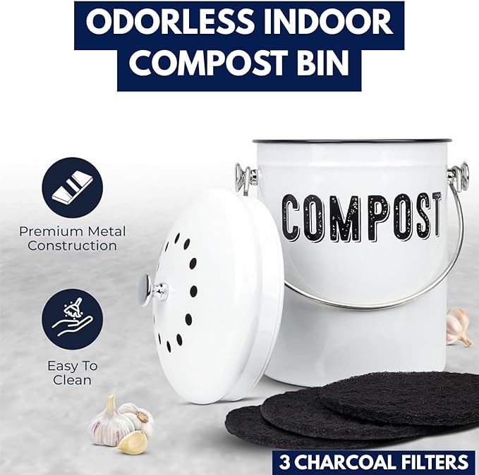 Granrosi Countertop Compost Bin Kitchen, 1.3 Gallon Stainless Steel Indoor Compost Bucket with Lid – Farmhouse Design, Odorless & Rust-Free Counter Pail with Carry Handle and 3 Charcoal Filters