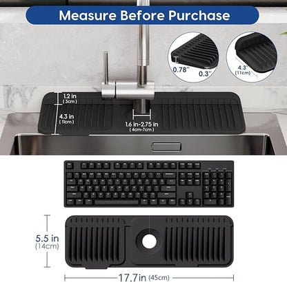 17.7 Inch Silicone Faucet Mat for Kitchen Sink Splash Guard - 7° Slope Upgraded Water Draining Mat with Fasten Button for Bathroom Area(Black, 17.7''x5.5'')