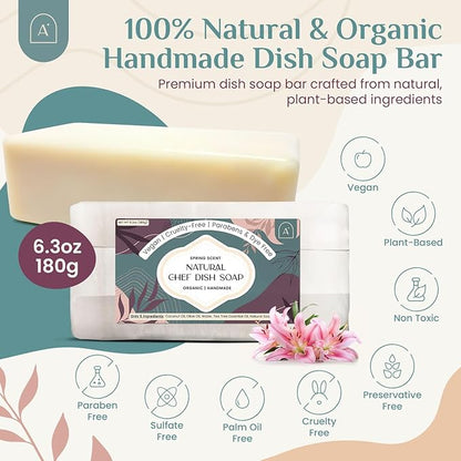 Natural Dish Soap Bar, Cleaning Dishes Solid Block for Kitchen - Organic Biodegradable Dishwashing, only 5 Ingredients, Gentle on Hands - Spring Scent (1 Pack, 6.3oz)