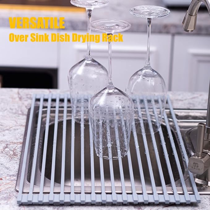 Mistifi Silicone-Coated Stainless Steel Over The Sink Multipurpose Roll-Up Dish Drying Rack, 16.9"X12.2", Heat Resistant Non Slip Dish Draining Rack BPA Free Dishwasher Safe (S, Gray)