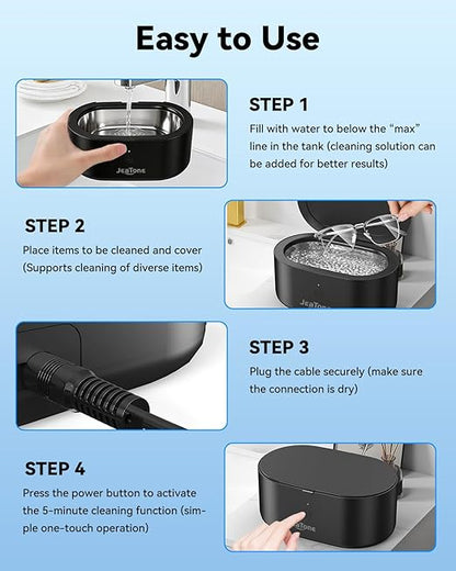 JeaTone Ultrasonic Jewelry Cleaner, 46KHz Sonic Jewelry Cleaner Machine for All Jewelry, Eyeglasses, Retainers, Dentures, Rings, Watches, Earrings & More, 304 Stainless Steel 20oz Cleaning Pod (Black)