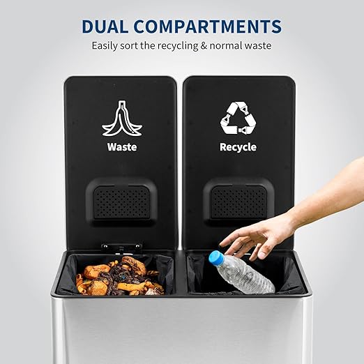 GarveeHome Dual Trash Can, 2x4 gal (2x15 L) Stainless Steel Step Trash Can, Rectangular Garbage Can for Kitchen, Office with 2 Compartments, Removable Inner Buckets, Soft-Close Lid, Silver