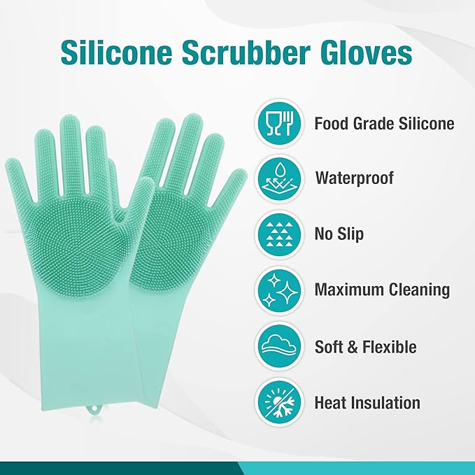 Silicone Scrubbing Gloves 12" Set of 3 Pairs for Kitchen, Bathroom, pet, Car Wash, Cleaning, Reusables