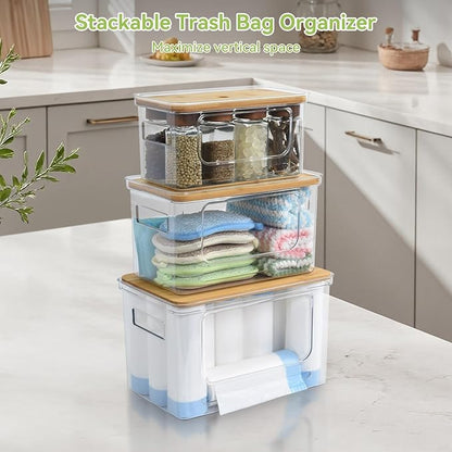 OTraki 3 Pack Trash Bag Holder Dispenser with Lid Plastic Garbage Bag Dispenser Stackable & Wall-mounted, Trash Bags Organizer Under Sink for Kitchen, Pantry Cabinet Organizer and Storage