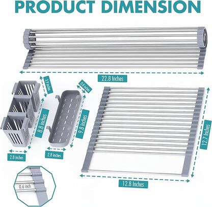 Havenity™ Expandable Roll Up Dish Drying Rack for Small Sinks - Expandable 12.8 to 22.8 Inch Over Sink Rack, Fits Apartments, RVs and Office Kitchens, Stainless Steel, 2 Baskets