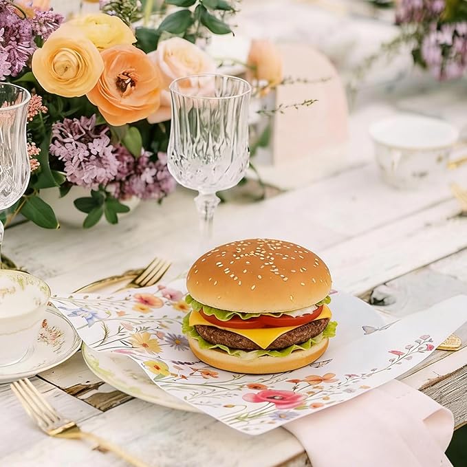 FOIMAS 150pcs Spring Wildflower Wax Paper,9.8x9.8 In Floral Butterfly Food Deli Paper Greaseproof Sandwich Paper Basket Liner for Spring Picnic Birhthday Baby Shower Wedding Party Supply