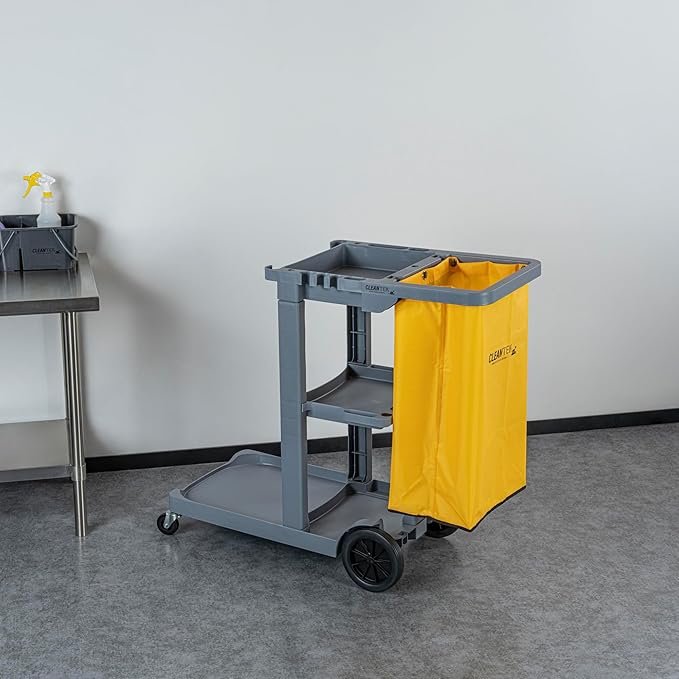 Restaurantware-Clean Tek Professional Janitor Cart with Wheels, 1 Cleaning Trolley with 18 Gallon Bag - 3 Shelves, Heavy-Duty, Gray Plastic Commercial Janitorial Cart, for Restaurants