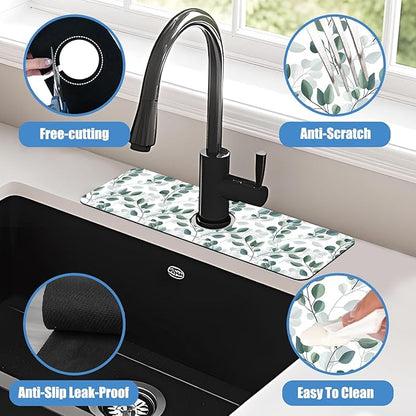Sink Faucet Absorbing Mat Green Eucalyptus Leaf Sink Splash Guard Drying Mat for Kitchen Bathroom Faucet Sinkmat 15.5"X5.5"