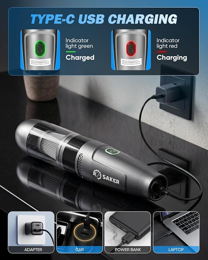 Saker Small Handheld Vacuum Cleaner, Car Detail Vacuum Cleaner Cordless with Brushless Motor and Steel Filter for Gifts, Cars,Bedrooms,Offices Cleaning HL109B