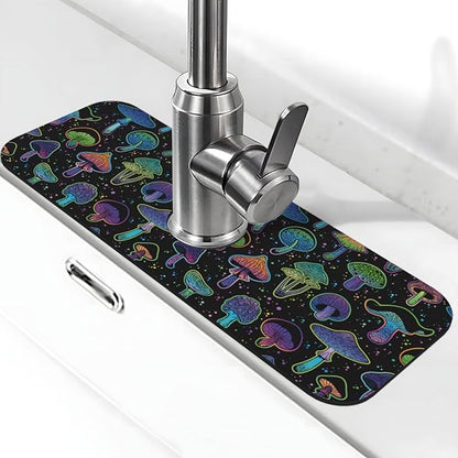 Cool Mushroom Mushrooms Kitchen Sink Splash Guard Faucet Mat Super Absorbent Fast Drying Mat Sink Gadgets-Fast Drying Pad Sink Mat For Kitchen Bathroom (15" X 5.5" )