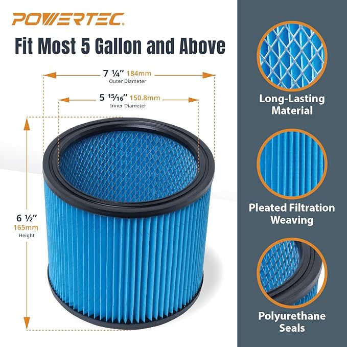 POWERTEC 90304 Cartridge Filters 4PK for Shop Vac, 90333, 90350, 9030433 Type U Replacement Filters, Fits Shop-Vac Most 5 Gallon and Above Wet/Dry Vacuum Cleaners (75082-P4)